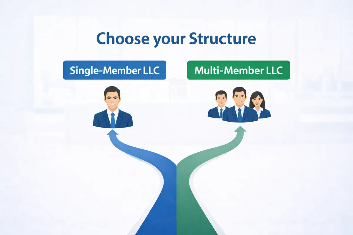 Decision diagram for choosing between single-member LLC vs multi-member LLC ownership structure with one owner versus multiple owners paths