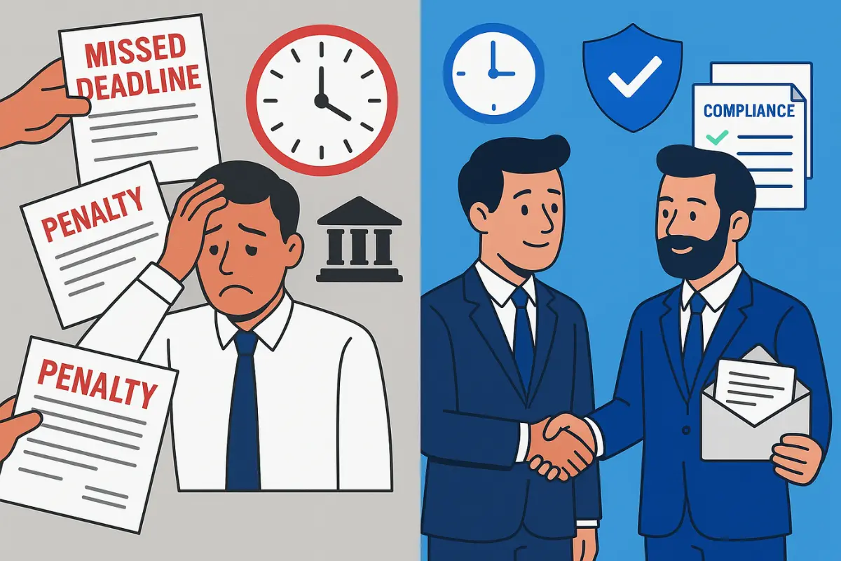 Comparison of missed compliance deadlines and penalties versus professional registered agent service ensuring timely compliance