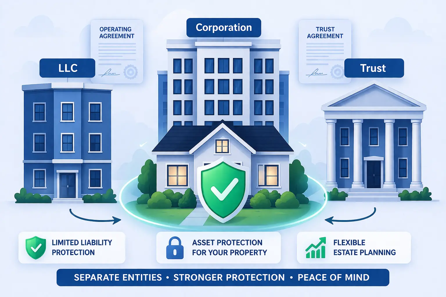 Real estate asset protection diagram comparing LLC operating agreement, corporation, and trust agreement structures for limited liability and flexible estate planning