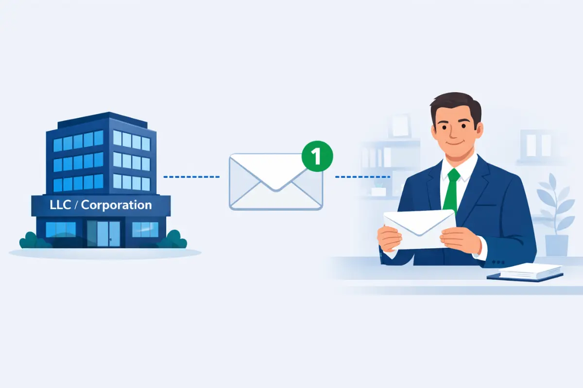 Commercial registered agent receiving service of process documents on behalf of an LLC or corporation for business compliance support.