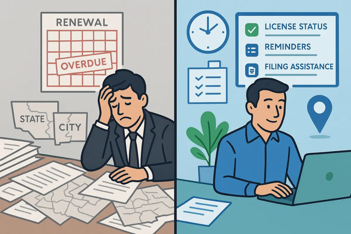 Comparison of missed business license renewals versus organized compliance management with reminders and tracking system