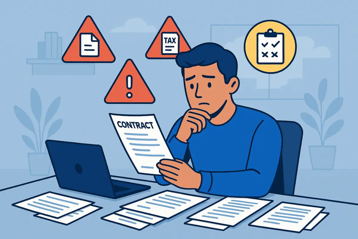 Startup owner reviewing contracts and facing legal mistakes entrepreneurs make including tax and compliance issues