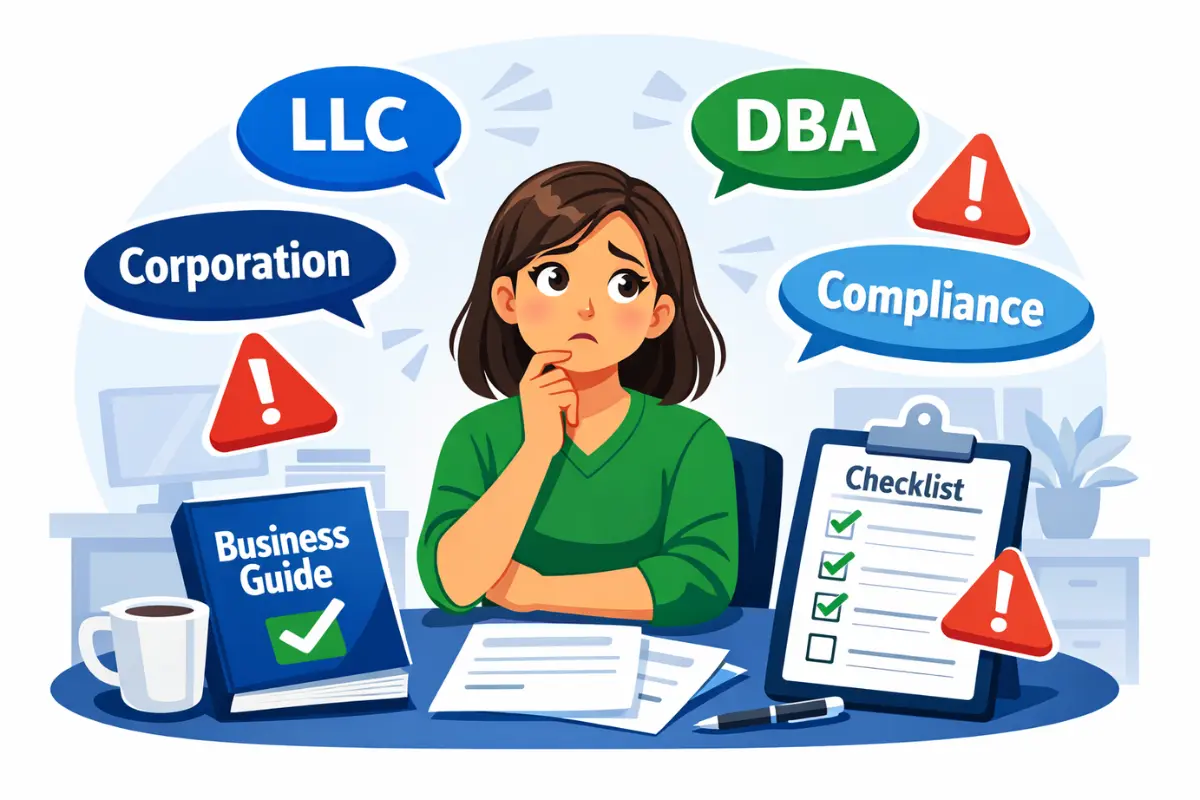 Common mistakes entrepreneurs make with business legal terms showing confusion about LLC, Corporation, DBA, and compliance requirements for new startups.