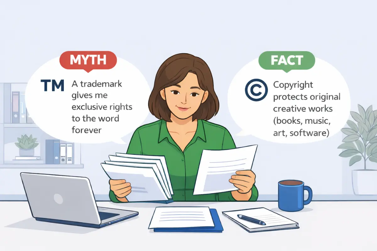 Common myth versus fact about trademark and copyright protection showing that trademarks protect brand names and logos while copyright protects original creative works.