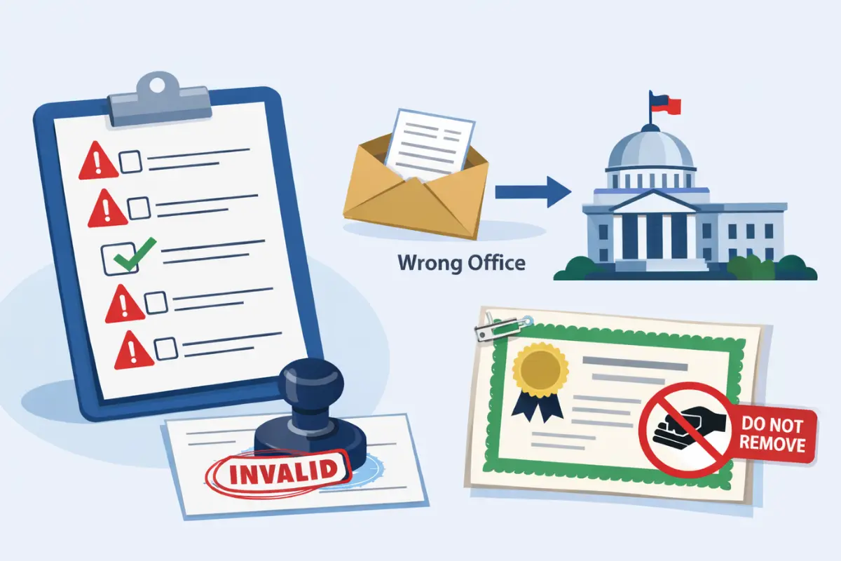 Common pitfalls when getting an apostille showing invalid stamp, wrong office submission, and do not remove warnings for apostille for articles of incorporation process.