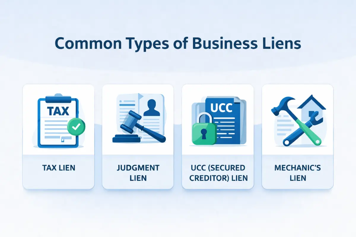 Infographic showing common types of business liens including tax lien, judgment lien, UCC secured creditor lien, and mechanic's lien found in a business lien search