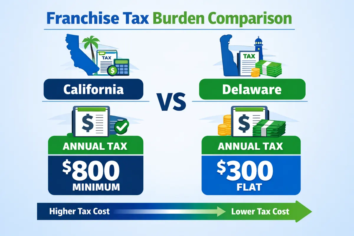 Franchise tax burden comparison California vs Delaware showing annual tax costs when choosing best state to form LLC and LLC formation state vs operating state taxes.