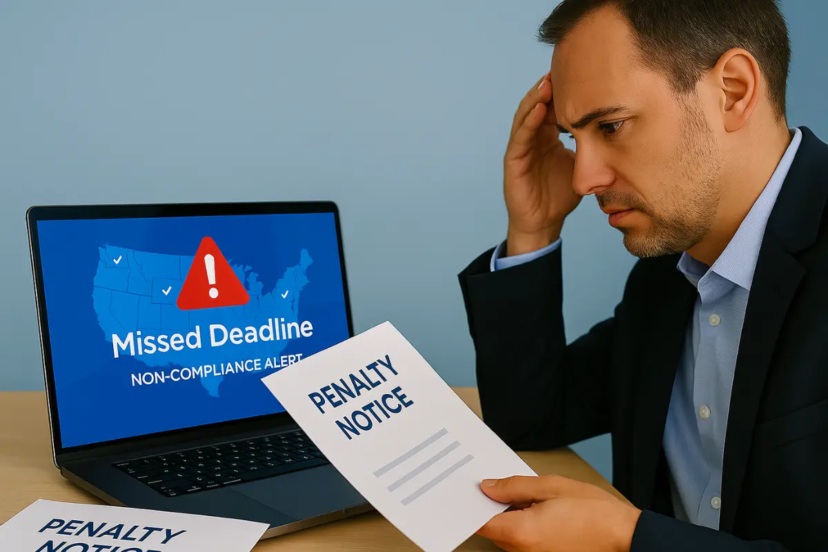 Business owner dealing with missed deadline penalty notice showing risks of being own registered agent and compliance challenges.