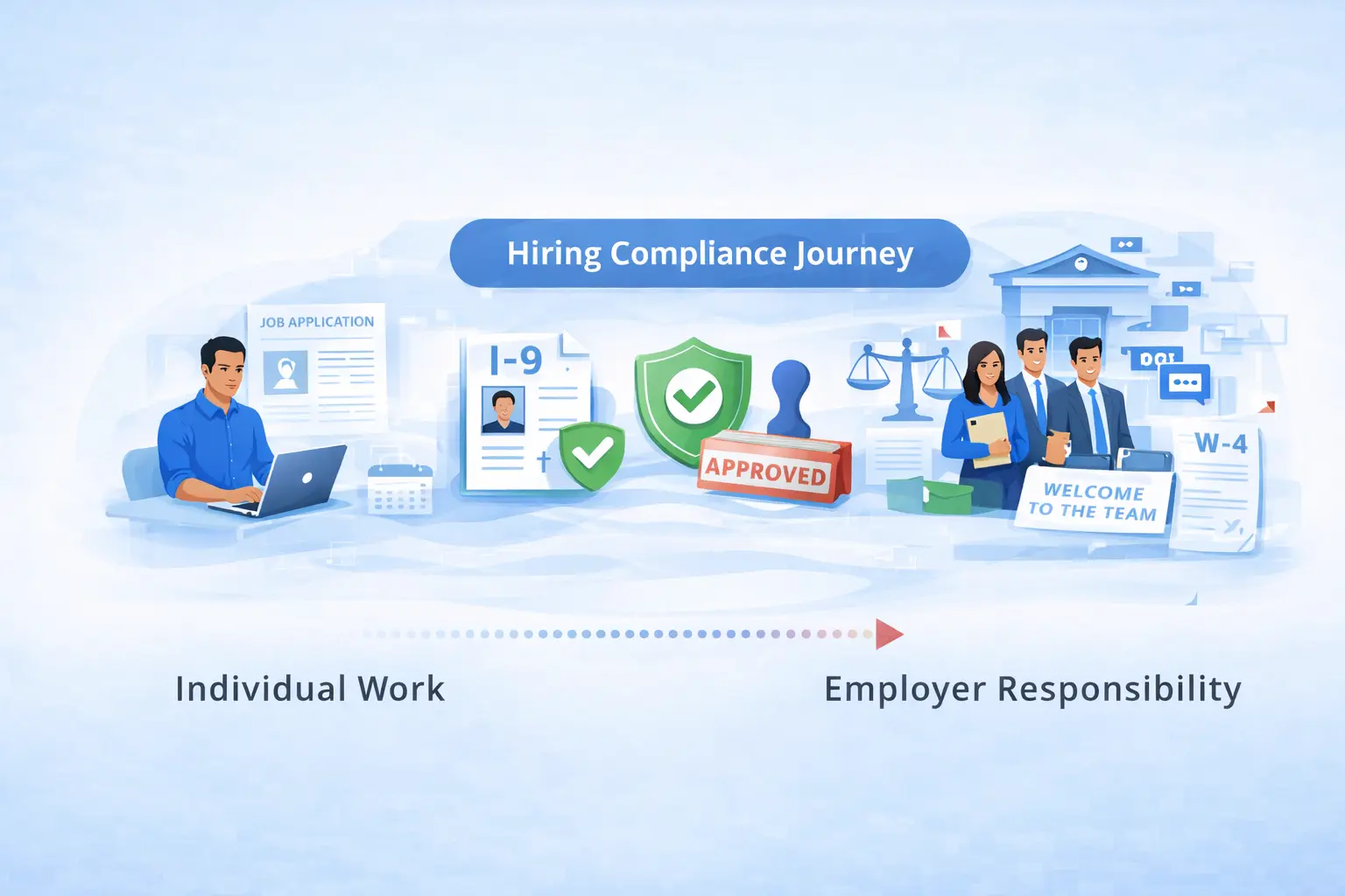 Service business hiring compliance journey roadmap showing I-9 verification, job application approval, and employer responsibility for small team LLC formation