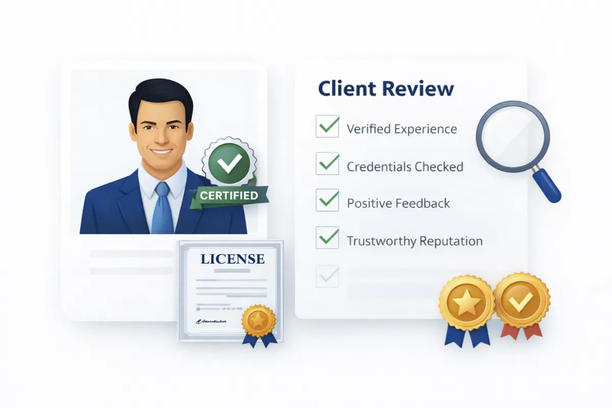 Certified consultant profile showing verified experience, credentials, license, and client review checklist for a professional services LLC