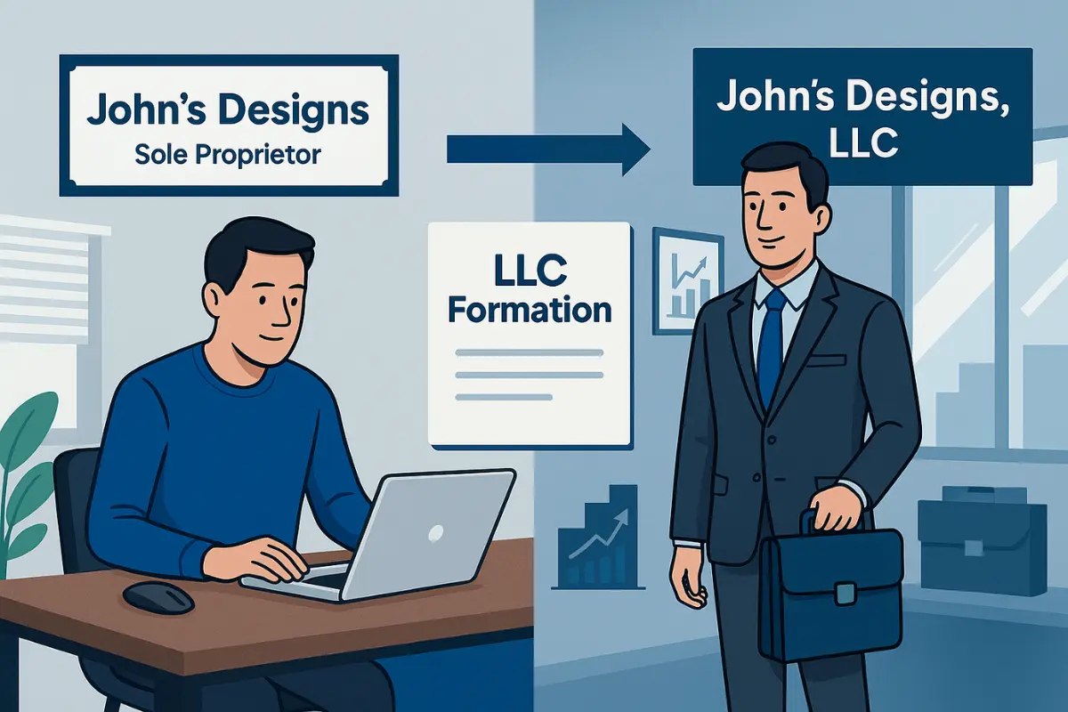 Illustration showing business owner converting from sole proprietorship to LLC with visual symbols of IRS filing, business growth, and LLC formation, relevant to California and online conversion steps.