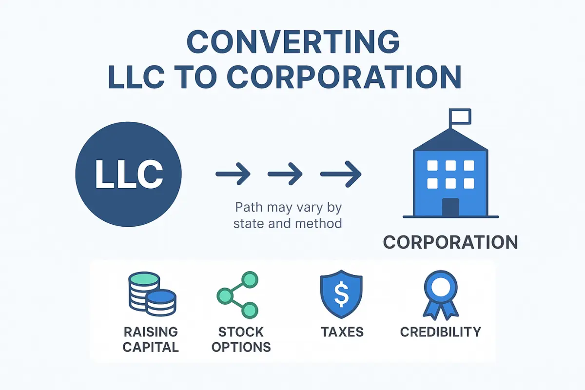 Infographic showing LLC to corporation conversion process with benefits including raising capital stock options taxes and credibility