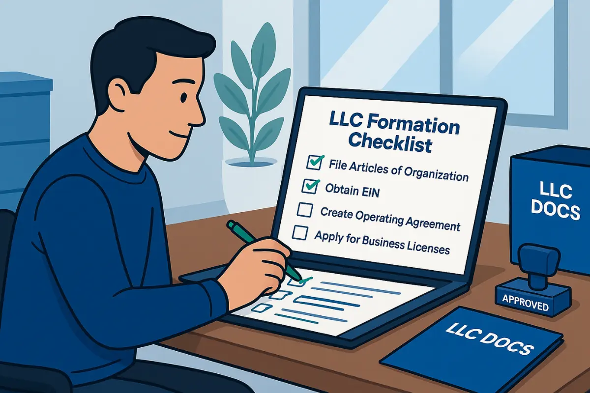Illustration of a small business owner checking off LLC formation tasks like filing Articles of Organization and obtaining EIN, representing how to convert sole proprietorship to LLC in California or online with IRS requirements.