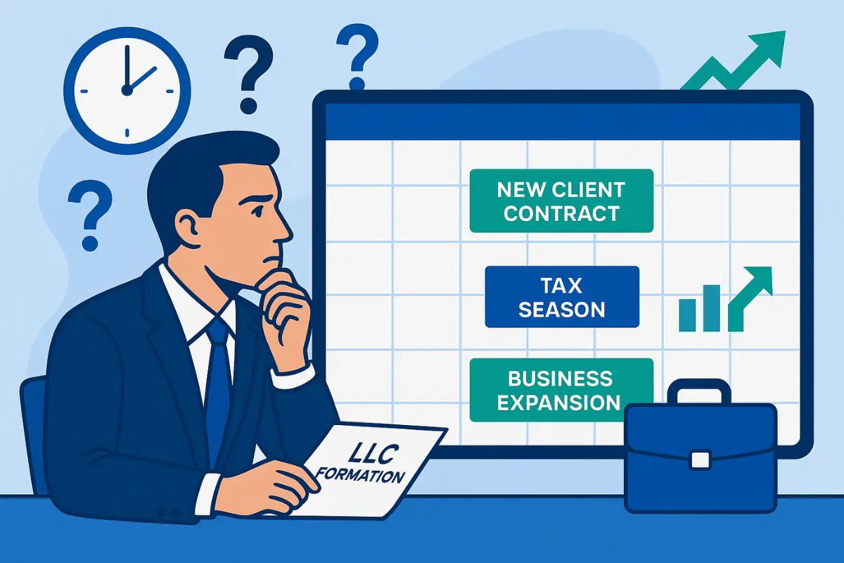Small business owner reviewing LLC formation timeline with milestones like IRS updates, new contracts, and business expansion to represent converting sole proprietorship to LLC.