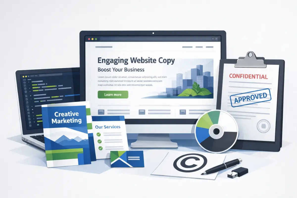Business assets eligible for copyright protection including website copy, software code, creative marketing materials, and confidential documents with copyright notice
