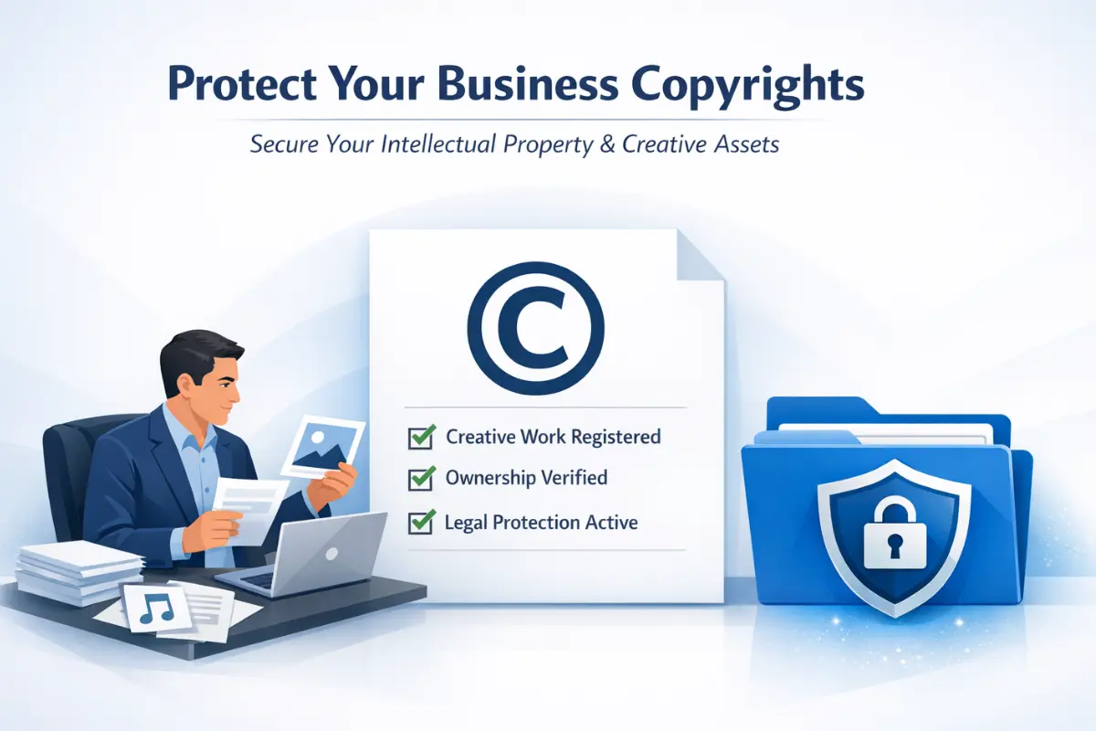 Business owner protecting creative works legally with copyright registration showing verified ownership and active legal protection for intellectual property and digital content
