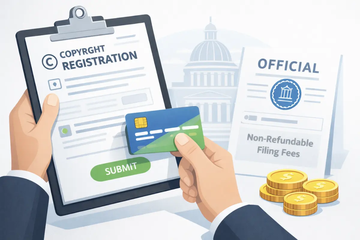 Copyright registration process showing official application form submission with non-refundable filing fee payment for business intellectual property protection