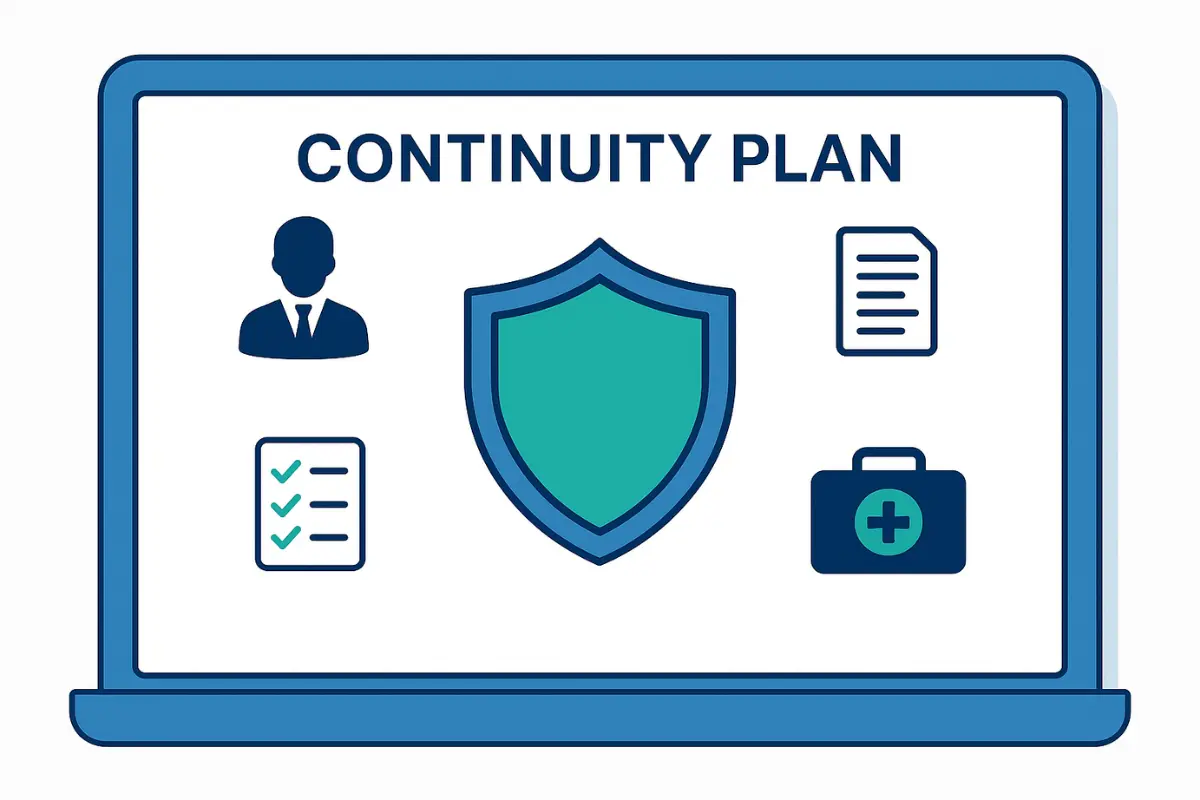 Digital business continuity planning dashboard on laptop with succession and legal compliance icons.
