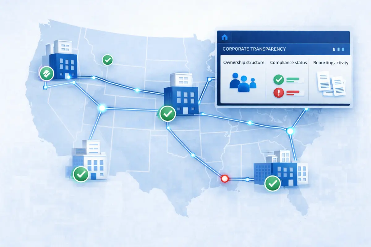 Corporate transparency dashboard displaying beneficial ownership reports, compliance deadlines, and entity oversight across U.S. states showing business compliance requirements under the Corporate Transparency Act