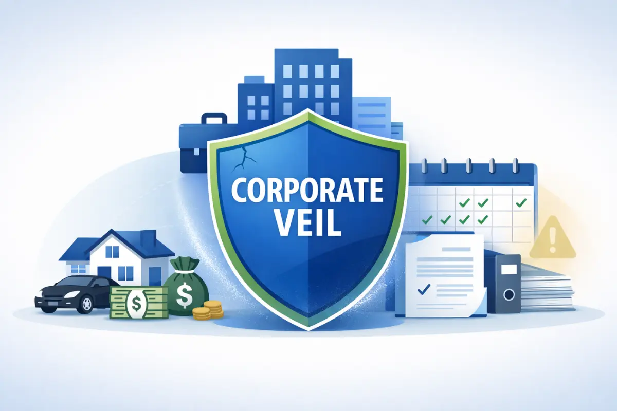 Corporate veil protection shield showing personal liability risks to home, car, and assets from missed annual report filings and delinquent business compliance
