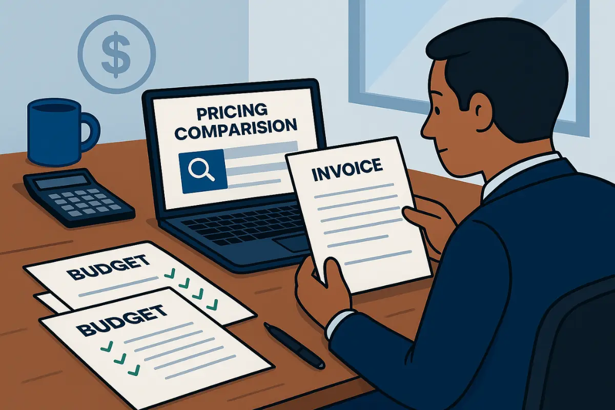 Business owner calculating registered agent costs and budgeting for annual registered agent fees using pricing comparison and financial planning documents.