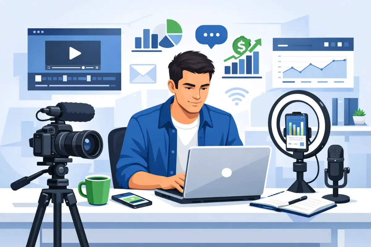 LLC for creators showing content creator in creator economy setting up business formation with professional equipment