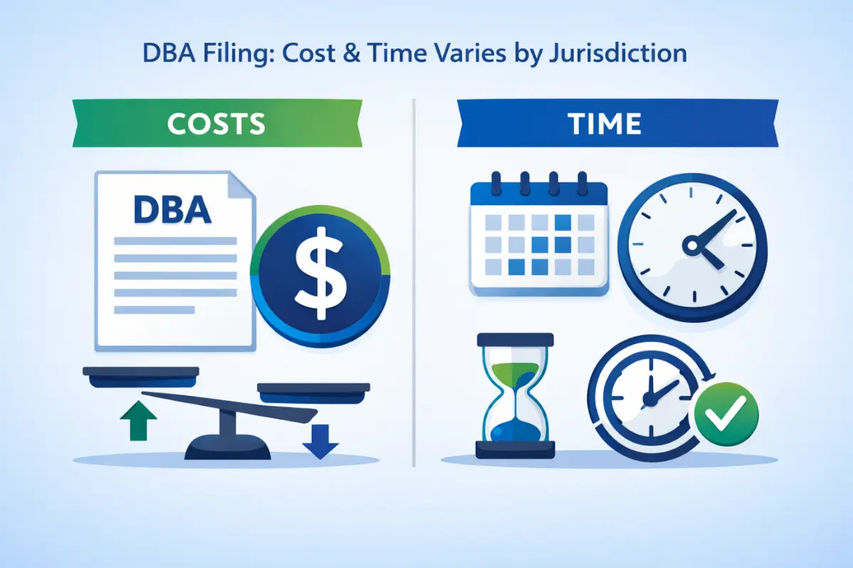 How to file a DBA name step by step process showing fill out form conduct name search submit to filing authority and receive approval for DBA registration.