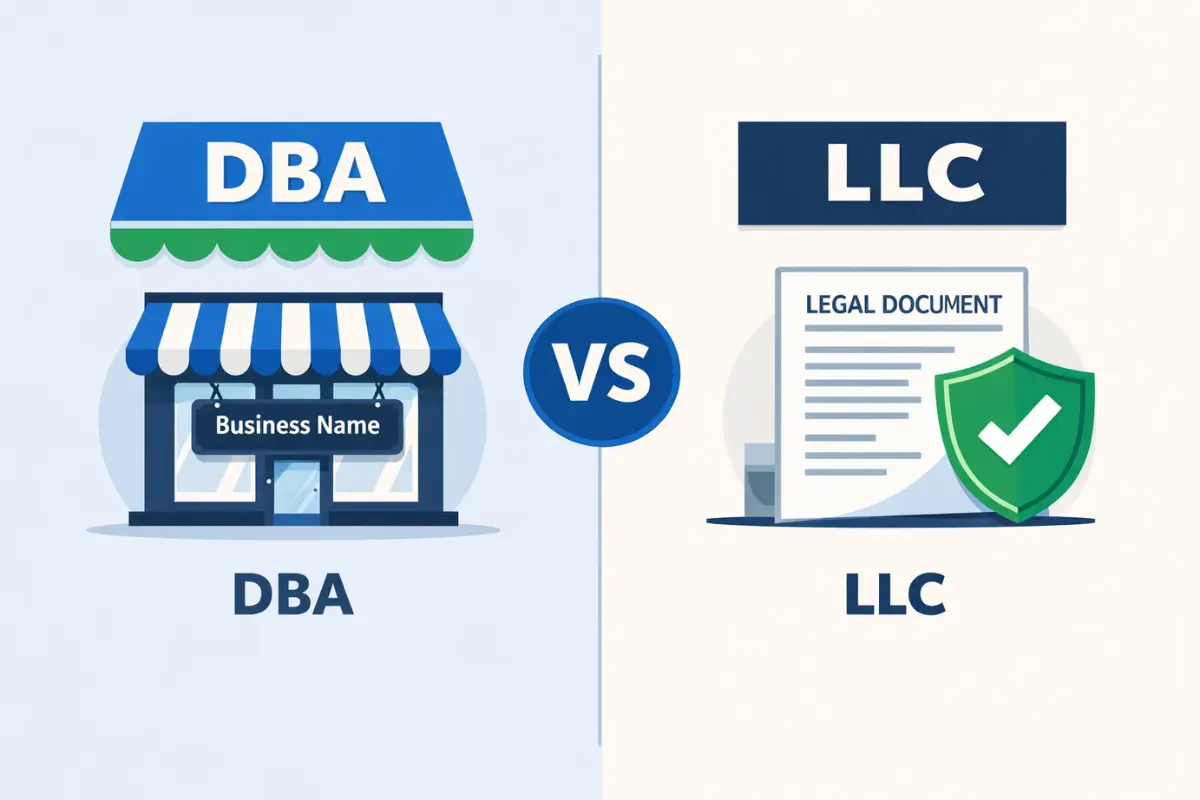 DBA vs LLC comparison showing differences between a DBA business name and LLC legal entity with liability protection for small businesses.