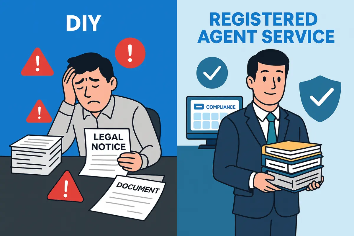 Comparison of DIY registered agent challenges versus professional registered agent service benefits for business compliance