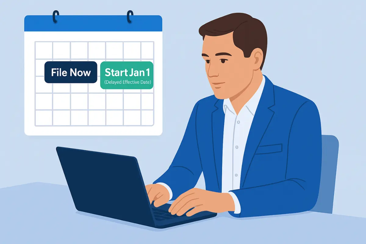 Business owner planning delayed effective date LLC filing with January 1 start date for future effective date strategy.
