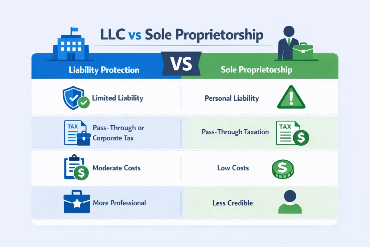 Pros and cons of LLC vs sole proprietorship showing LLC liability protection versus sole proprietorship personal liability tax benefits and formation costs.