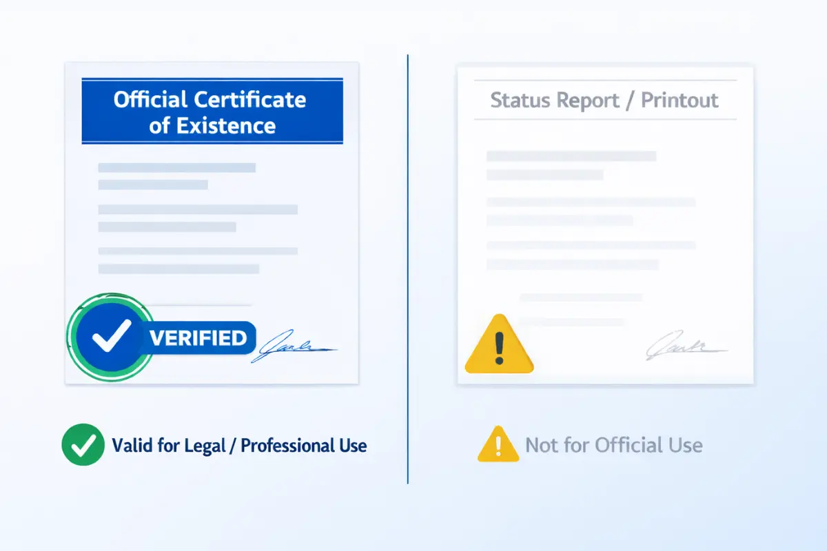 Comparison of official certificate of existence verified for legal use versus a status report printout not valid for official business good standing documentation