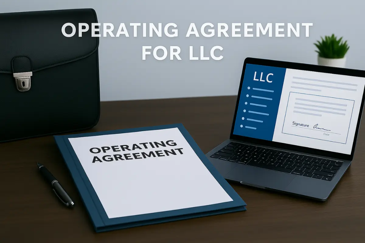 Professional office setup with an LLC operating agreement, laptop screen showing a business checklist, and a clean desk background.