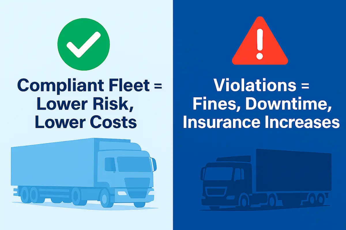 Comparison of compliant versus non-compliant trucking operations showing fines, downtime, and insurance cost increases.