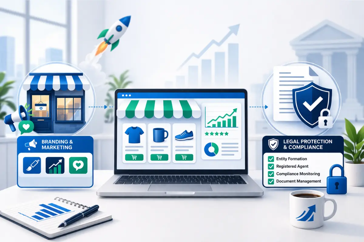 
						Ecommerce business scaling operations diagram showing branding, marketing, and legal protection including entity formation, registered agent, and compliance monitoring for an online store