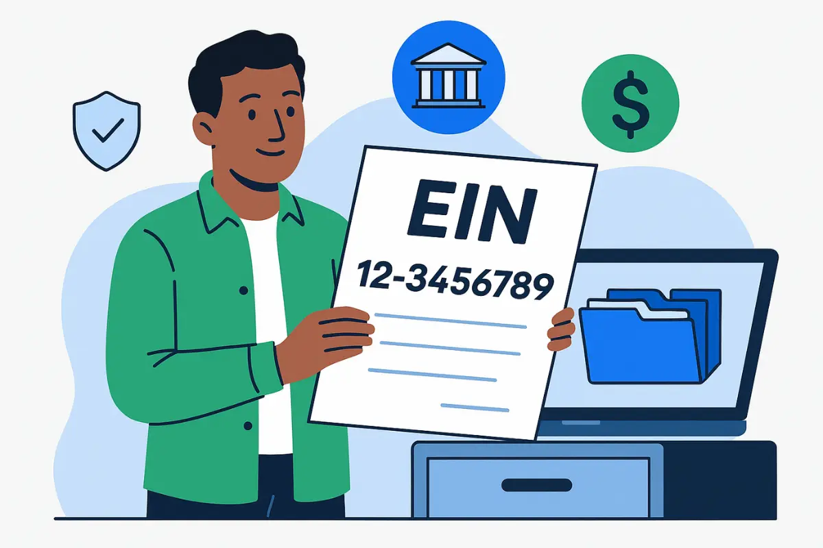 Business owner holding EIN number certificate showing federal tax ID and employer tax ID for business registration