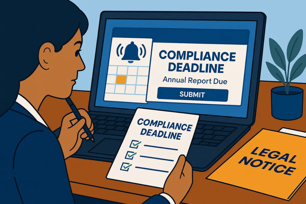 Registered agent managing compliance deadlines and annual report due dates showing registered agent responsibilities for timely business compliance notifications.