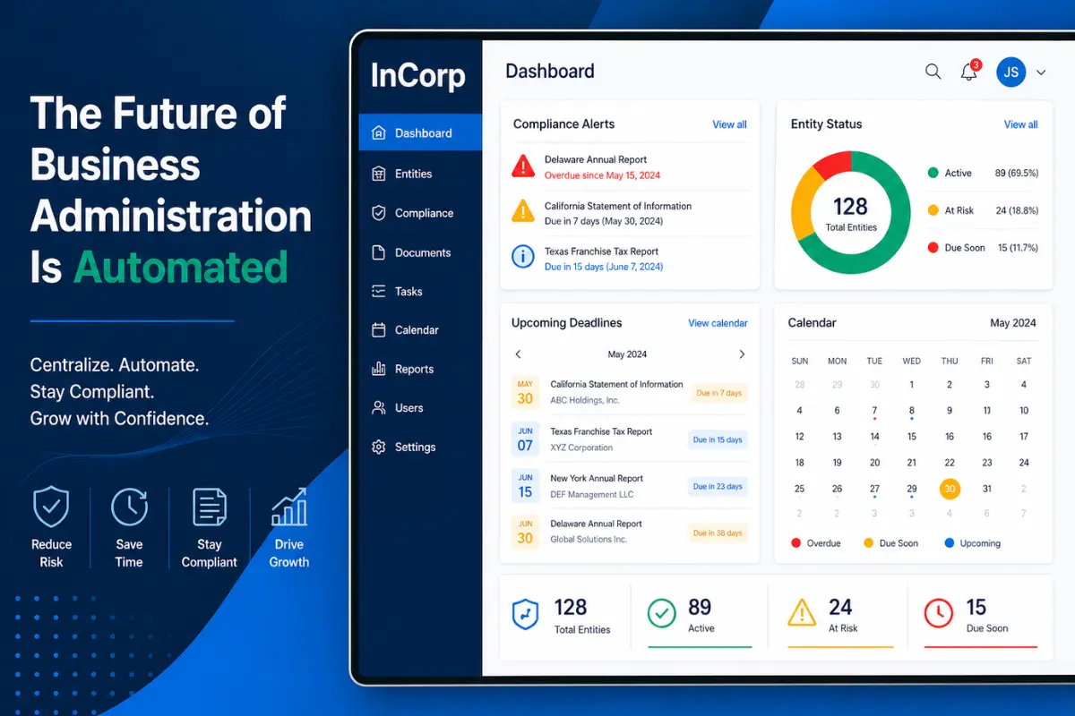 Modern entity management dashboard showing compliance alerts, business entity status, and automated filing deadlines
