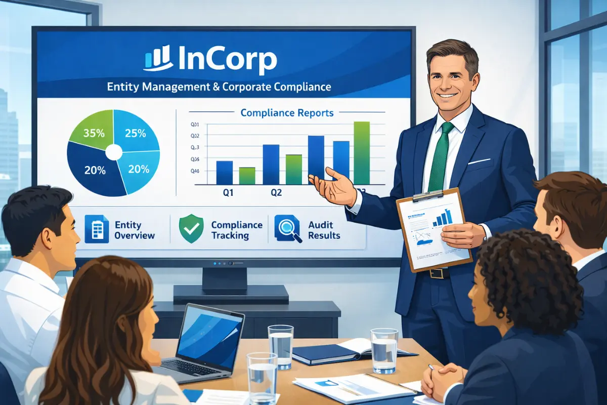 Entity management and corporate compliance presentation showing business entity management with entity governance best practices including compliance tracking and audit results.