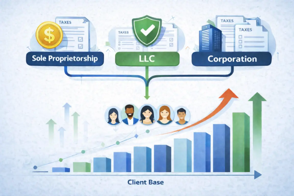 Diagram comparing sole proprietorship, LLC, and corporation legal structures for forming a consulting business with growing client base