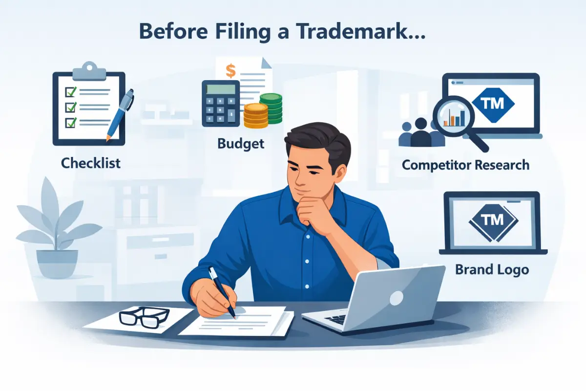 Business owner considering factors before filing a trademark including checklist budget competitor research and brand logo design for trademark types.