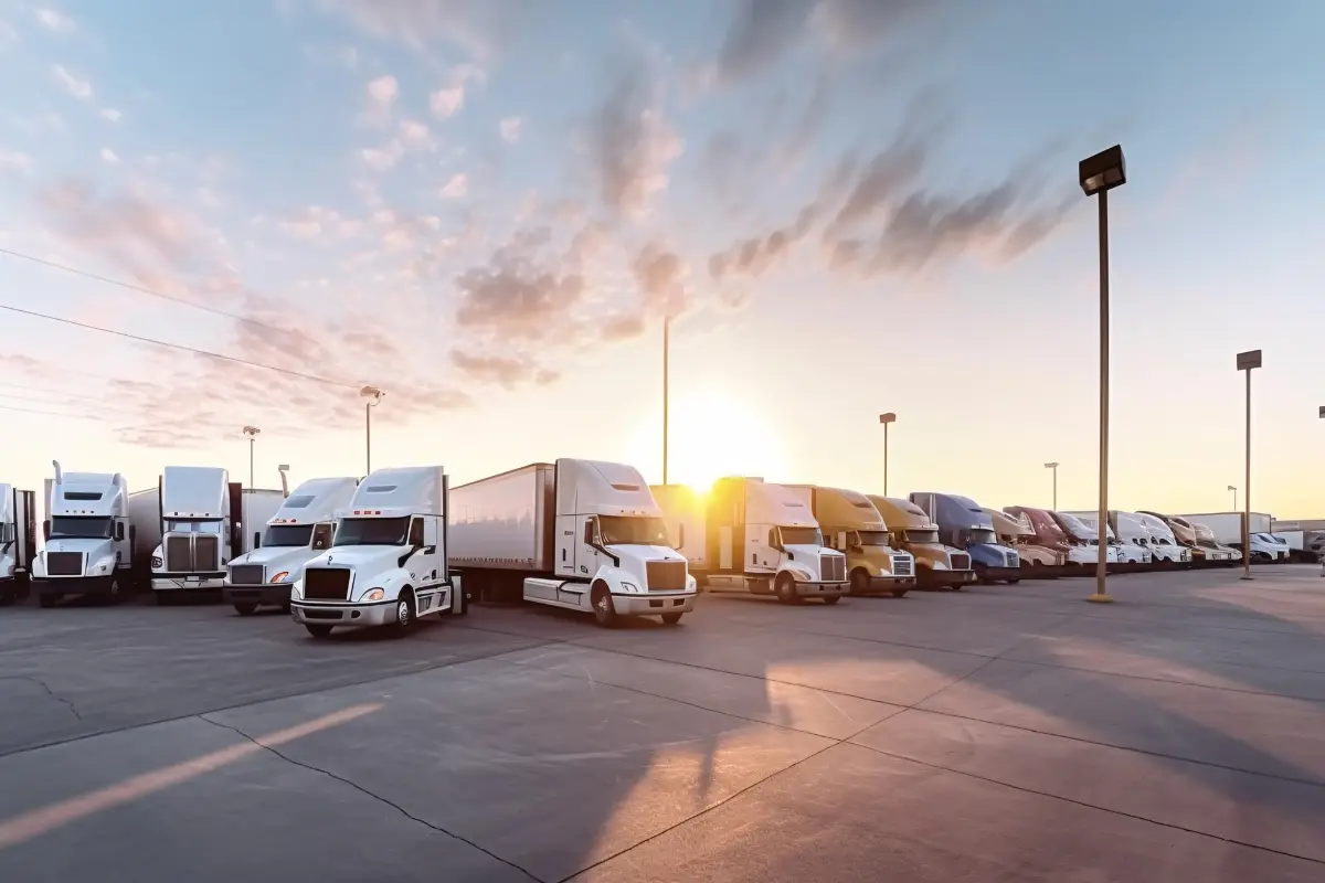 Commercial semi-trucks parked at truck stop requiring federal motor carrier authority filings for interstate operations.