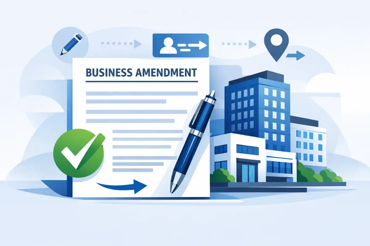 Business amendment form completion checklist for LLC and corporation showing business amendment filing process requirements