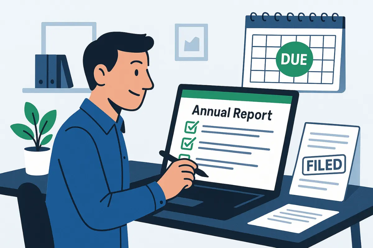 Small business owner completing LLC annual report online filing with deadline calendar and filed confirmation