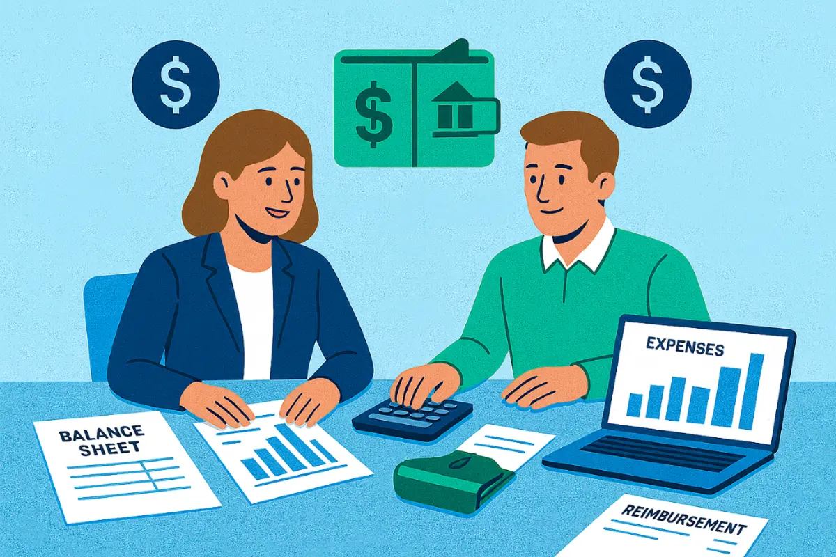 Co-founders analyzing equity distribution and financial planning with balance sheet and expense reports.