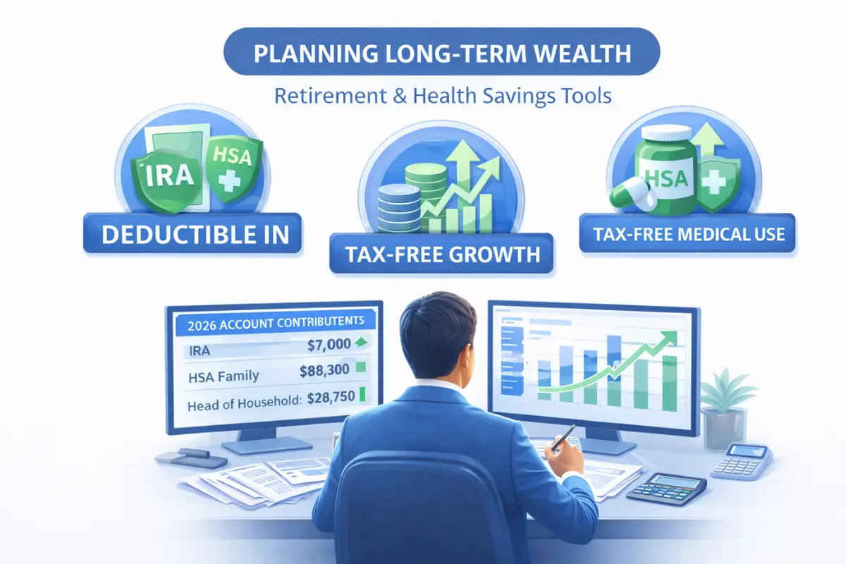 LLC owner planning long-term wealth using retirement and health savings tools including IRA and HSA contributions with 2026 account contribution limits showing tax-free growth and tax-free medical use deduction benefits