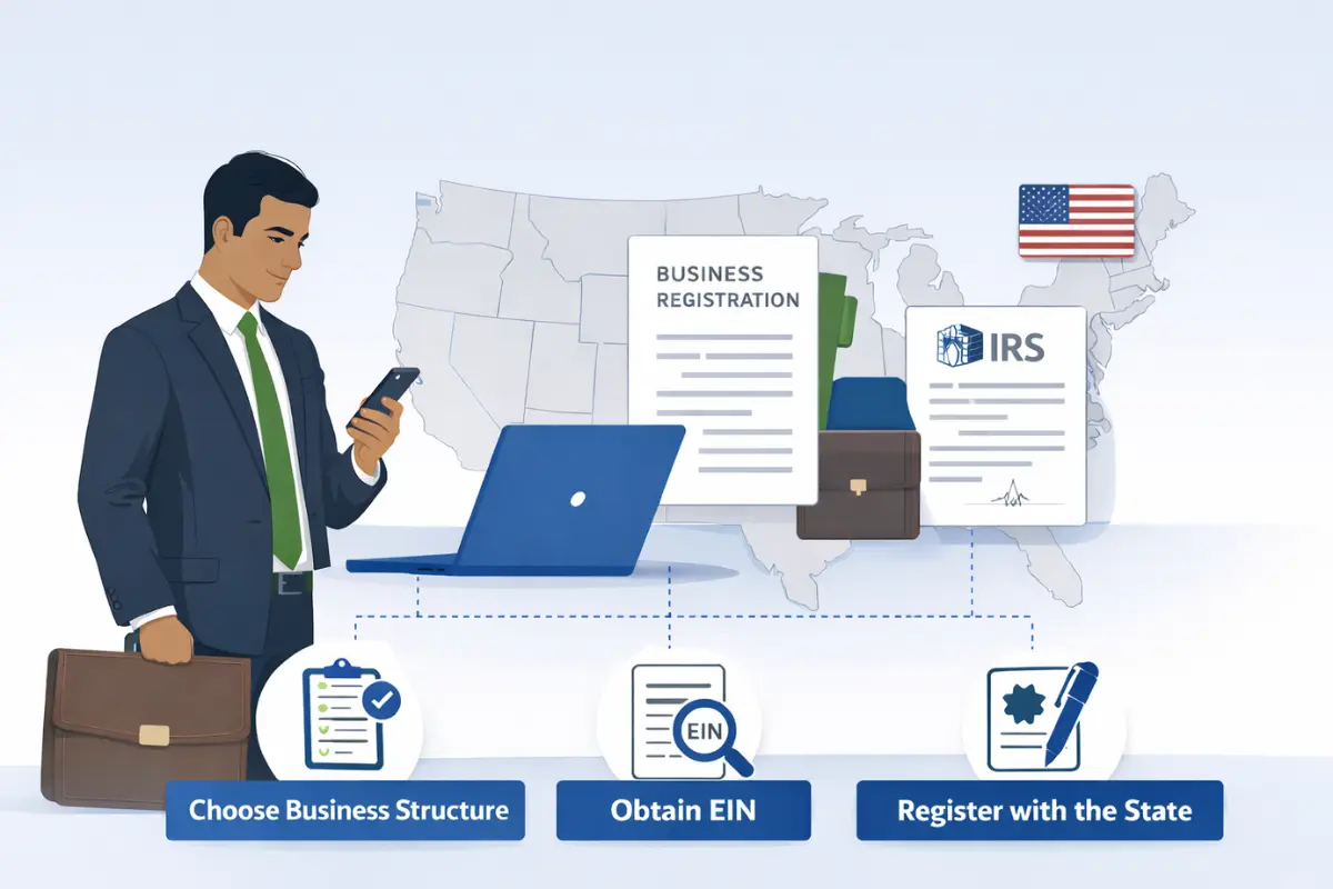 How to register a business in the U.S. as a foreigner showing steps to choose business structure obtain EIN and register with state for non-residents.
