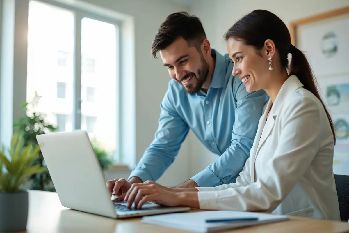 Business co-founders collaborating on laptop to plan LLC formation and partnership structure