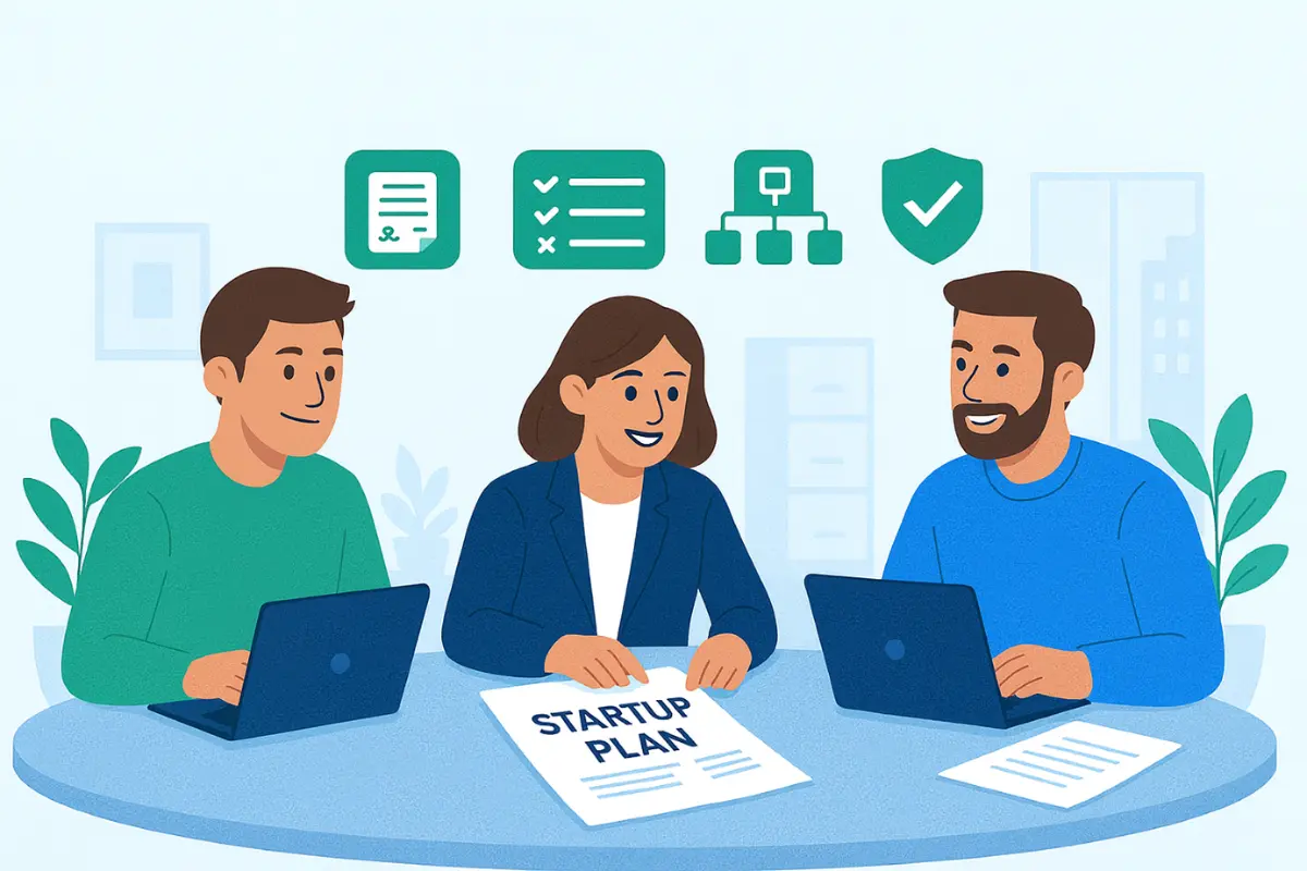 Multiple founders reviewing startup plan with business structure checklist and legal compliance icons