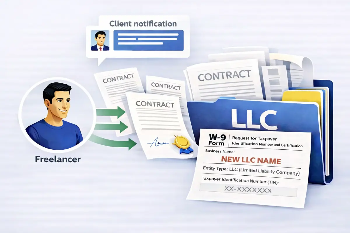 Freelancer transitioning to LLC business structure with updated client contracts, W-9 form, and new LLC name for taxpayer identification